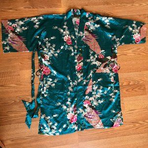 Vintage Teal Robe with Peacock Floral pattern EUC